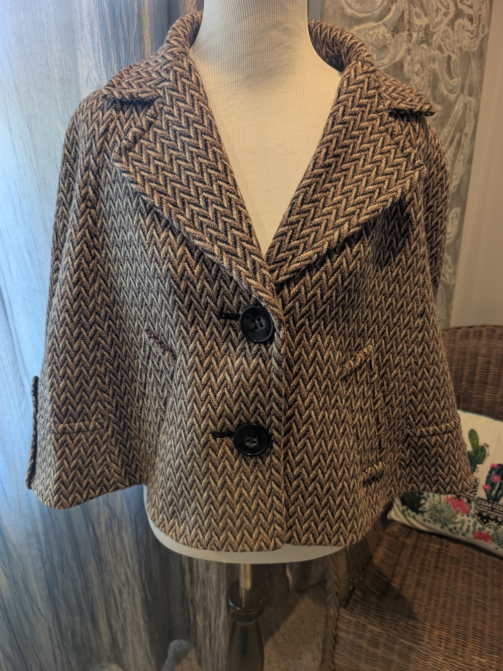 Ann Taylor LOFT Wool Blend Herringbone Cape Coat Brown Black Size L